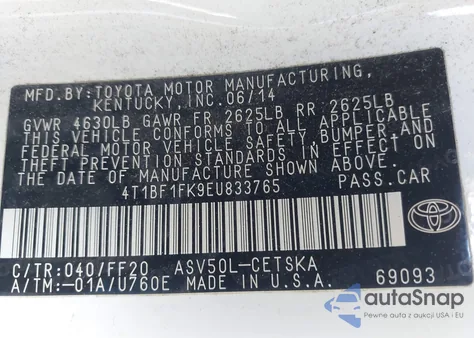 2014 Toyota Camry Se из США, поврежденный, VIN 4T1BF1FK9EU833765
